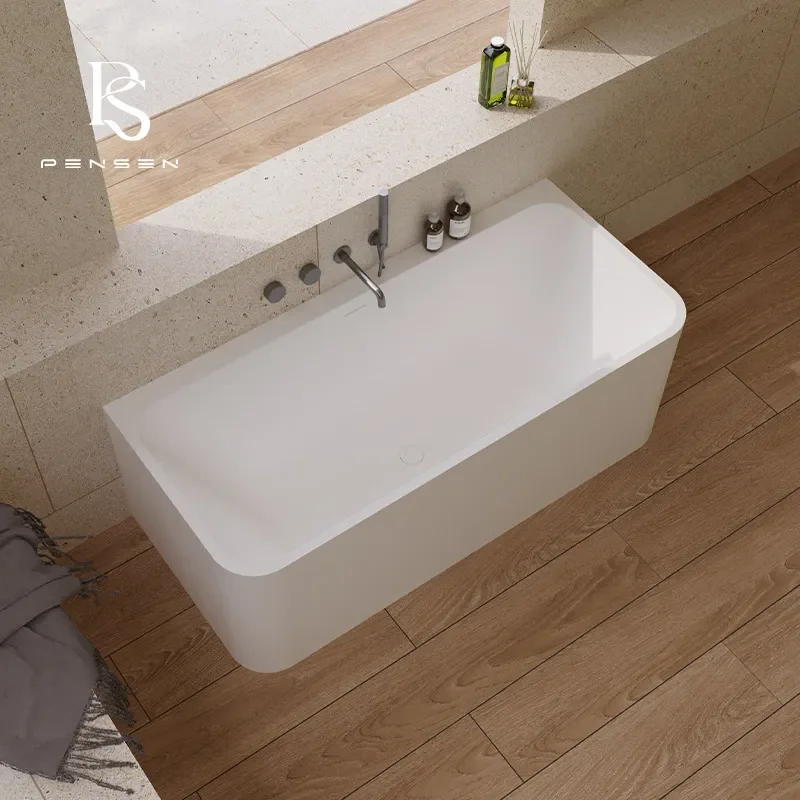 Rectangular PMMA Artificial Stone Freestanding Bathtub Integrated Design for Small Apartment and Hotel Bathroom Use
