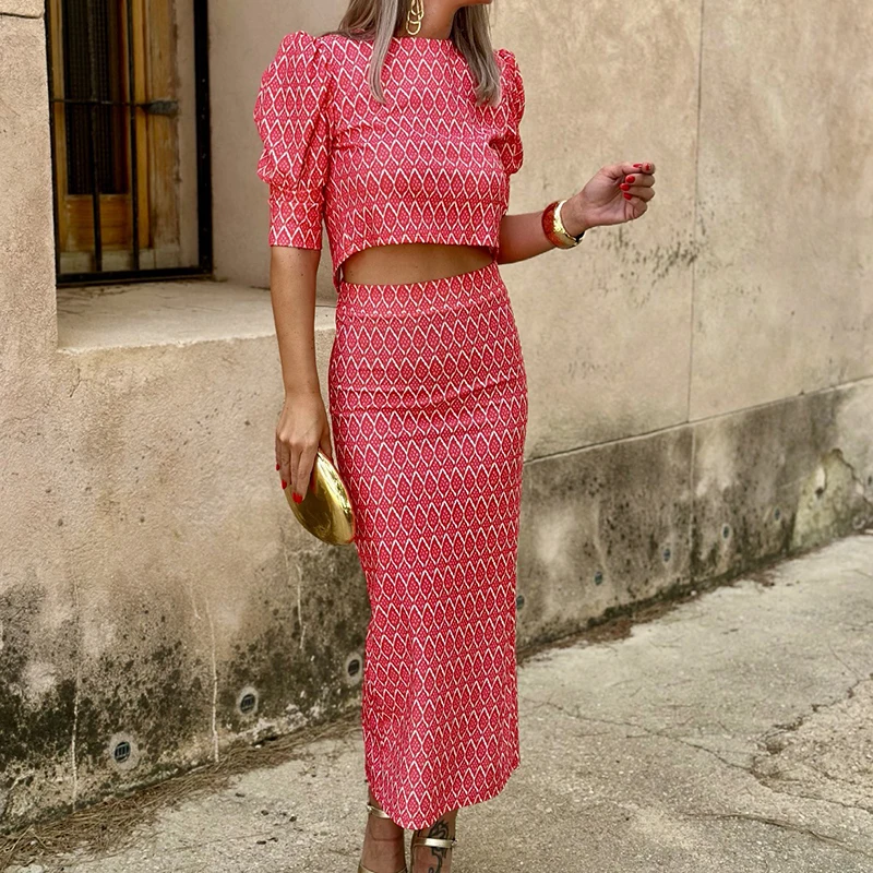 

Women Hollow Back Navel Sexy Outfit Lady O-Neck Short Sleeved Blouse Tops&Slit Skirts Set 2024 Elegant Pattern Print Office Suit