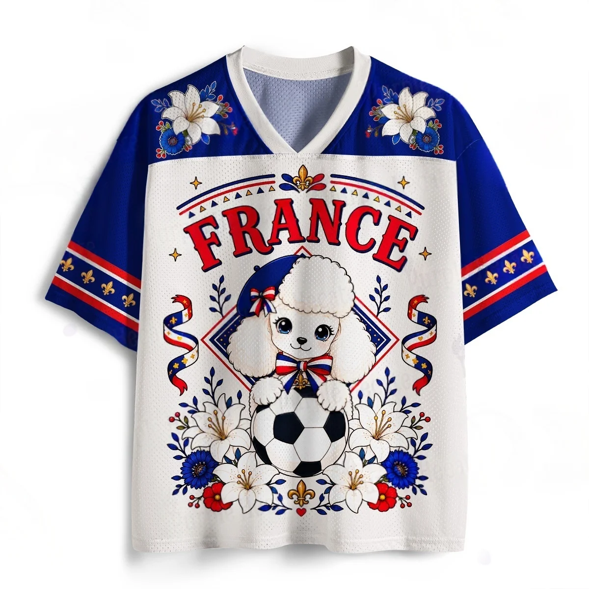 FRANCE Cartoon Poodle Lily and Iris Emblem 3D Printed Support Jersey for Adults and Children Breathable Loose T-shirt view 2