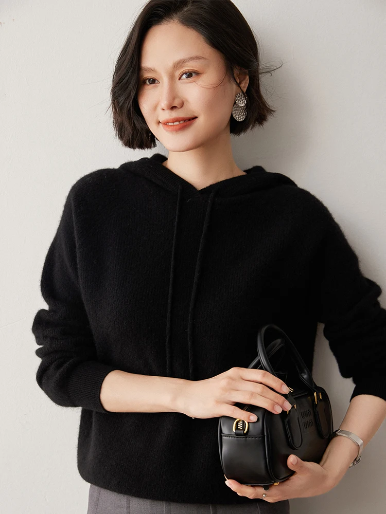 

Women's Pure Cashmere Hooded Sweater Autumn Winter Thick Warm Pullover Knitwear O-Neck Comfort Solid Basic Long Sleeve Tops