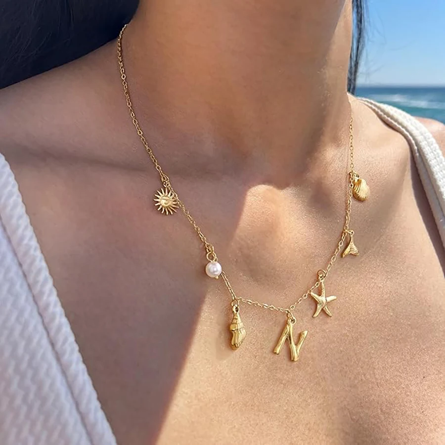 MHS.SUN Stainless Steel Starfish Sea Shell Necklaces Women Waterproof 26 Initial Multi-Pendant Necklace Summer Beach Jewelry