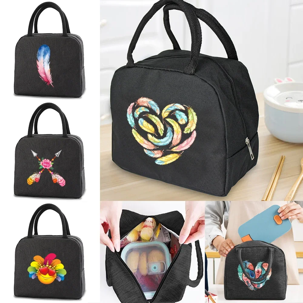 Large Capacity Worker Picnic Portable Lunch Box Zipper Insulated Lunch Bag Feather Series Storage Lunch Pack Stylish Commute