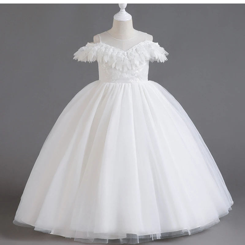 Long Ivory Flower Girls' Dresses for Weddings Party Gala O-Neck Tulle Ankle-Length Back Zipper Kid's Princess Ball Gown 2023 New