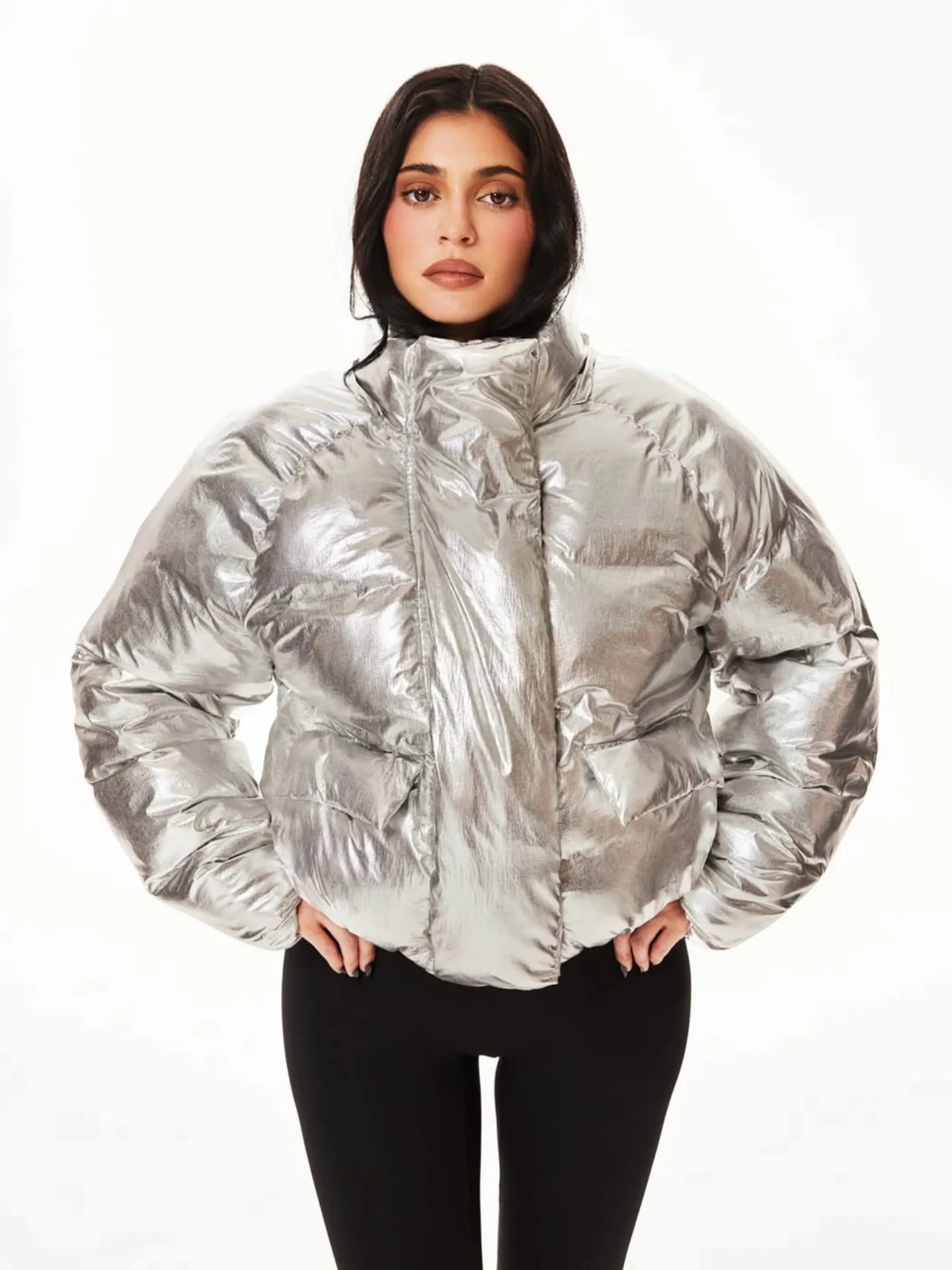 

Kylie Same Style~KHY Laser Silver Thick Warm Coat Detachable Hooded Loose Breadcoat Cotton Jacket