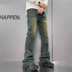 Loose Flared Jeans for Men 2024 Autumn High Street Fashionable American Retro Nostalgic Straight Washed Distressed Long Pants