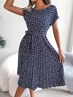 Women Spring Summer Short Sleeve High Waist Chic Dress Fashion Floral Pleated A Line Long Dress - Image 6