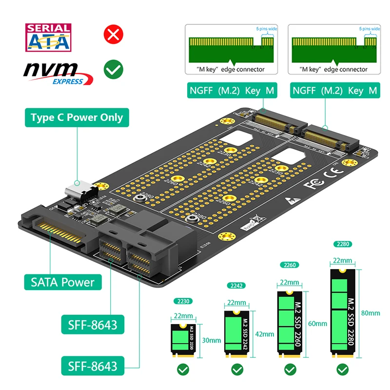 M2 SSD Adapter Dual M.2 NVME M Key to Dual SFF-8643 Riser Board with SATA Type C Power Supply Support 2230 2242 2260 2280 M2 SSD