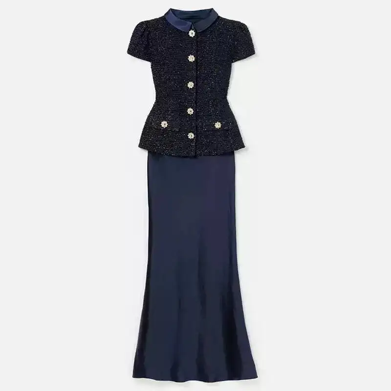 Maxi formal vestidos de noite de luxo feminino verão outono único breasted cristal cetim tweed vestido longo azul festa jantar vestidos