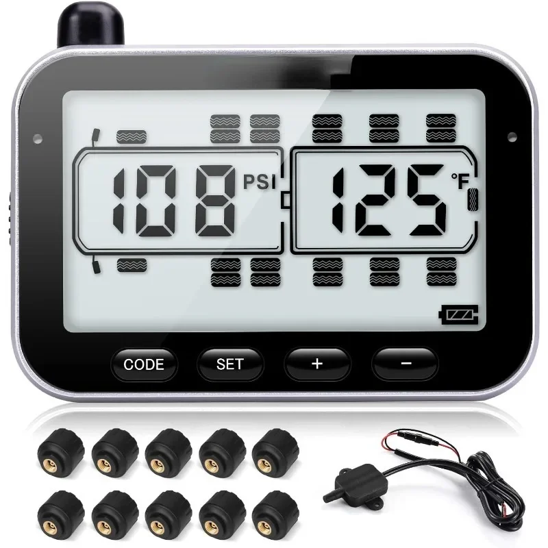 Pressure Monitoring System, RV TPMS, 10 Sensors, 7 Alarm Modes, 14 Days Battery Life, 80ft Sensing Distance, Large Screen