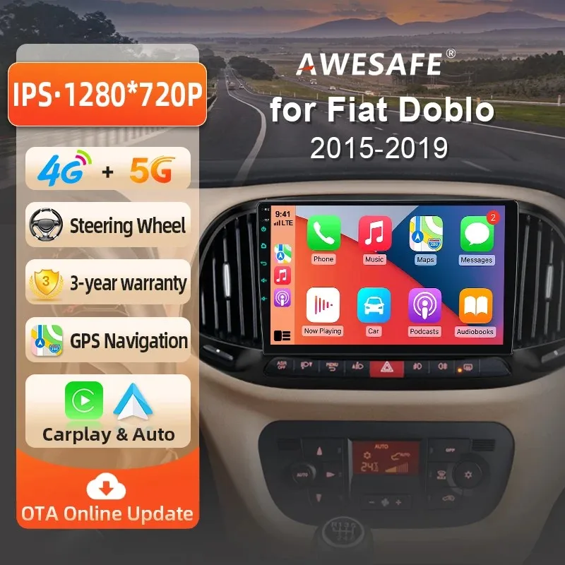 Autoradio sans fil AWESAFE CarPlay Android pour Fiat Doblo 2015-2019 avec navigation GPS, Bluetooth, WiFi, démarrage rapide, DSP, FM, Plug and Play