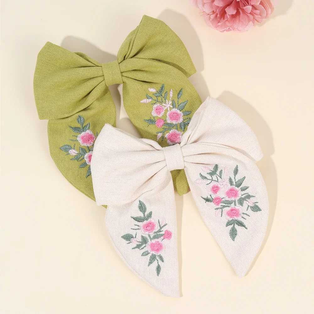 ncmama 1Pcs Flower Embroidery Hair Bow Clip Handmade Embroidery Bow Hairpin for Kids Girls Solid Barrettes Girl Hair Accessories