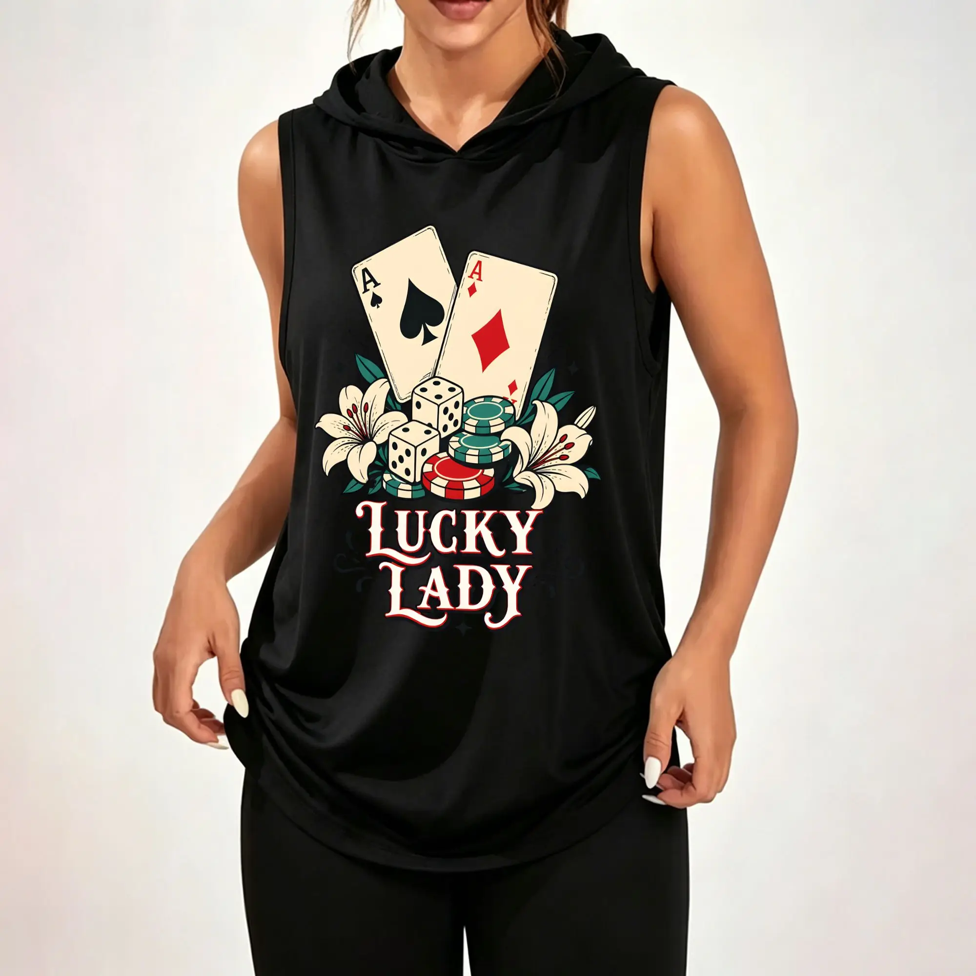 Women's Sleeveless Hoodie, Lucky Lady Poker Aces Dice Poker Chips Lily Retro Graphic Print Casual Hooded Tank Top