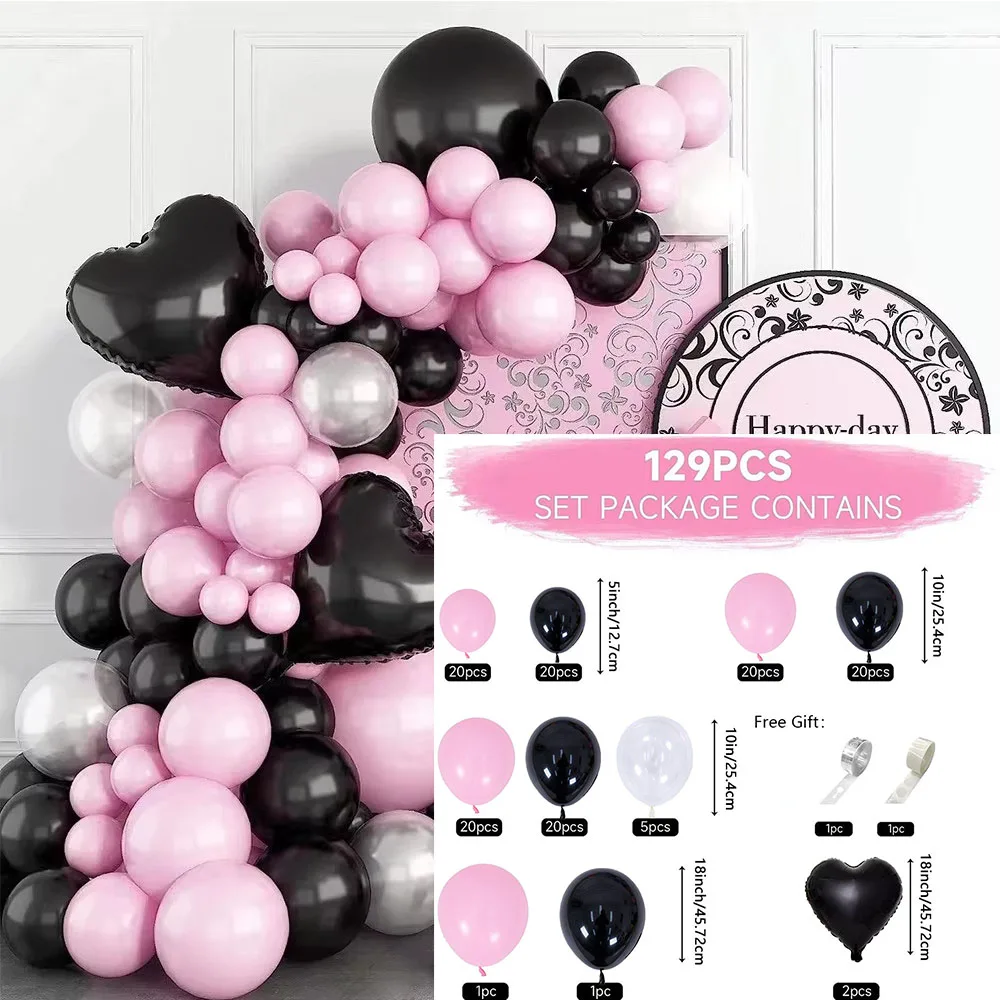 129PCS Pink Black Theme Balloon Garland Arch Set Birthday Party Wedding Anniversary Celebration Room Interior Decorations