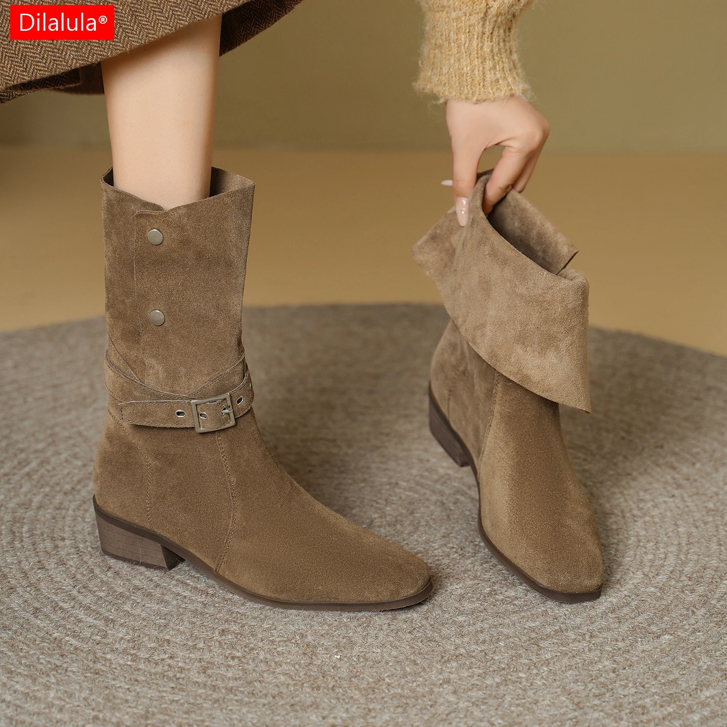 Dilalula 2027 Real Leather Women's Foldable Mid‑Calf Boots Square Toe Med Heel Western Boots Lady Buckle Strap Retro Boots