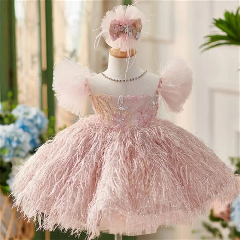 Children's tassel sequin mesh studded pearl dress princess dress 2024 new pink нарядные платья девочек