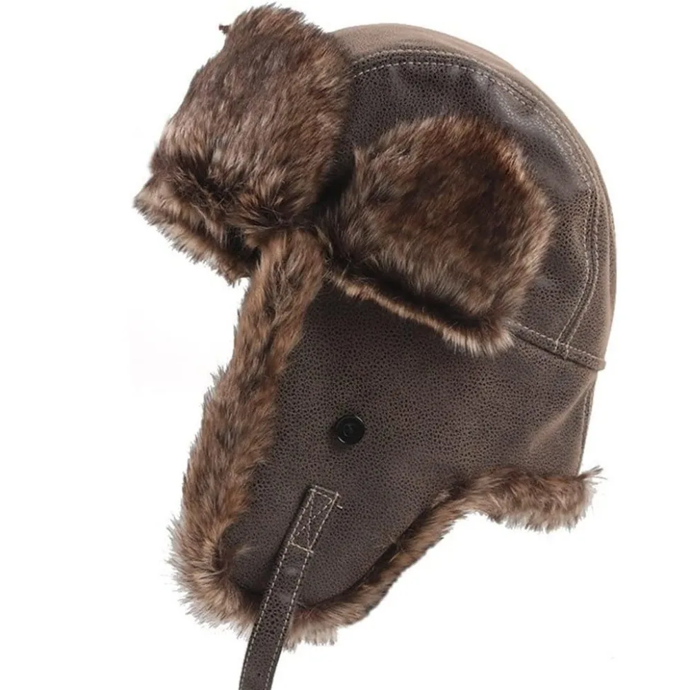 New Leather Winter Trapper Hat Faux Fur Lined Pilot Caps Lei Feng Hat Thicken Warm Ear Protection Ski Ushanka Men's