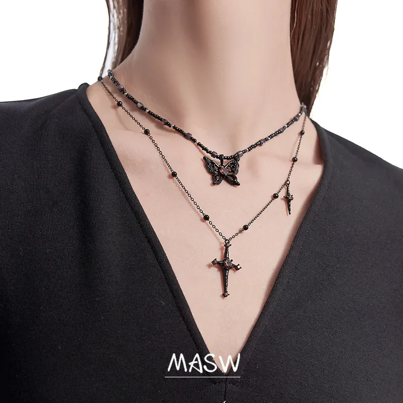 

MASW Original Design Popular Cool High Quality Black Buttefly Cross Pendant Necklace For Women Girl Party Wedding Gift Jewelry