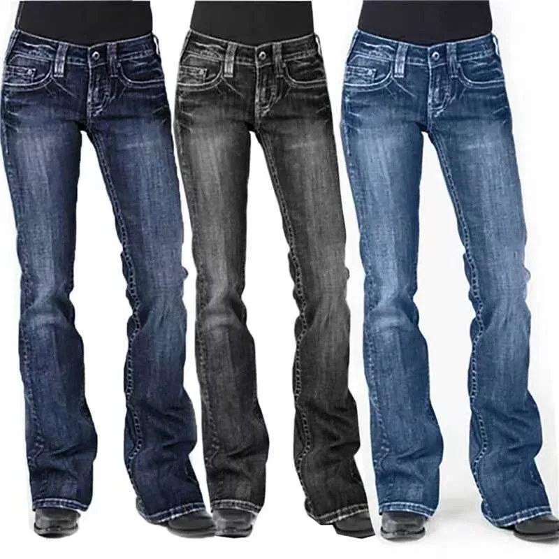 2026 American Retro Mid Waist Flared Slim Fit Elastic Jeans Women's Mid Waist Micro Flared Pants Trendy Style Jeans Regular Micr
