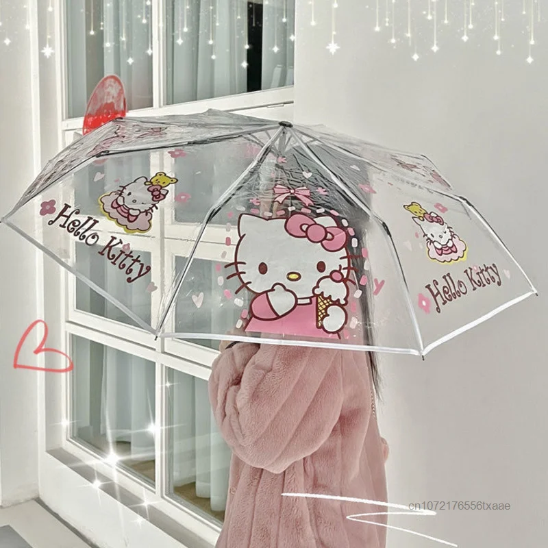 Sanrio Hello Kitty Printed Transparent Umbrella Fully Automatic Portable Folded Umbrella Women Fashion Outdoor Rainy Accessories