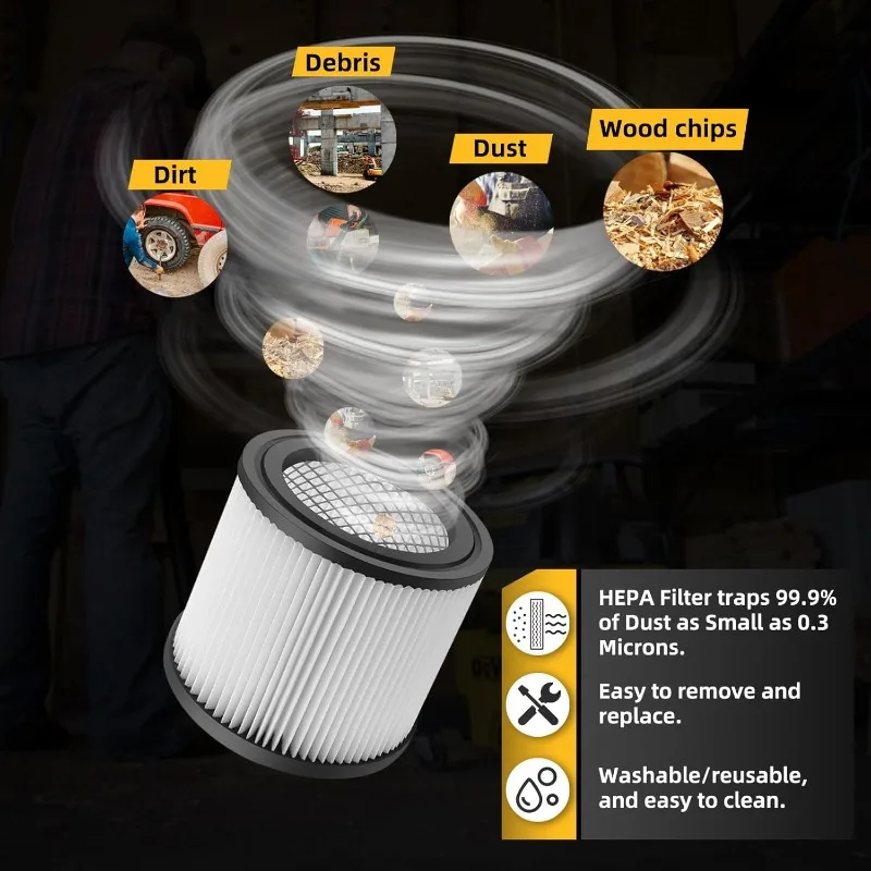 2-Pack Washable Vacuum Filter For DEWALT DXVC4001 – Fits 4-5 Gallon Wet/Dry Shop Vacuums (DXV04T, DXV05P, DXV05S, DXV08S, DXV06G) – Reusable & Easy To Clean