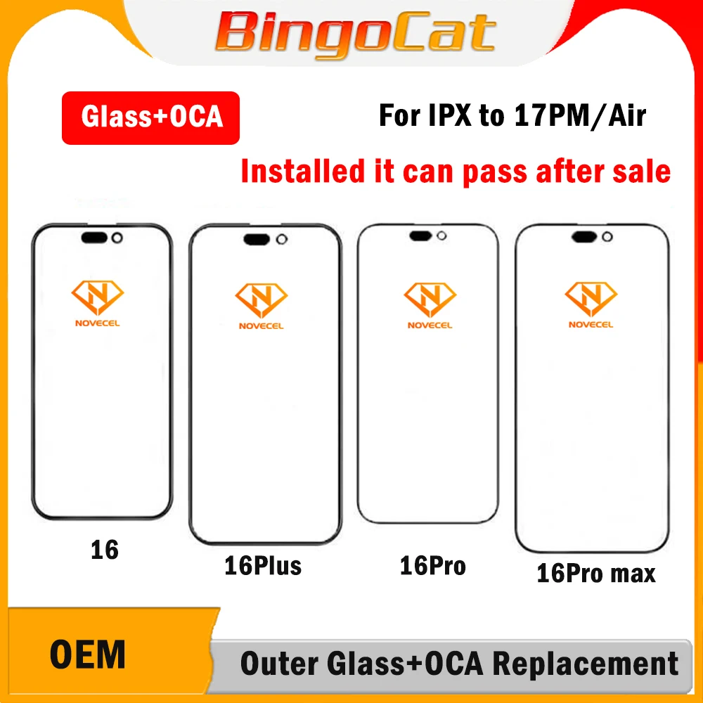 Novecel 5pc 1:1 Similar ORI 17 Pro Max Touch Screen Glass + OCA Glue for iPhone 16pro max 15 14 13 12 pro Outer Lens Replacement