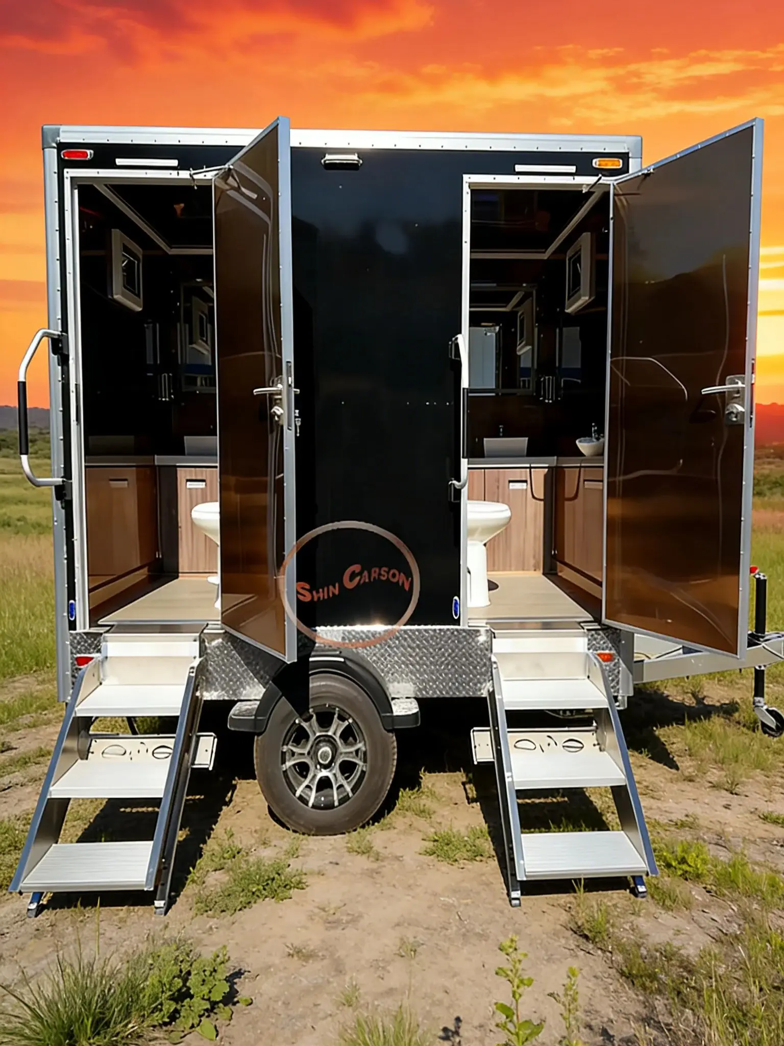 Outdoor Mobile Toilet Black Main Body Silver Metal Frame Double-Compartment Design Portable Sanitation Solution