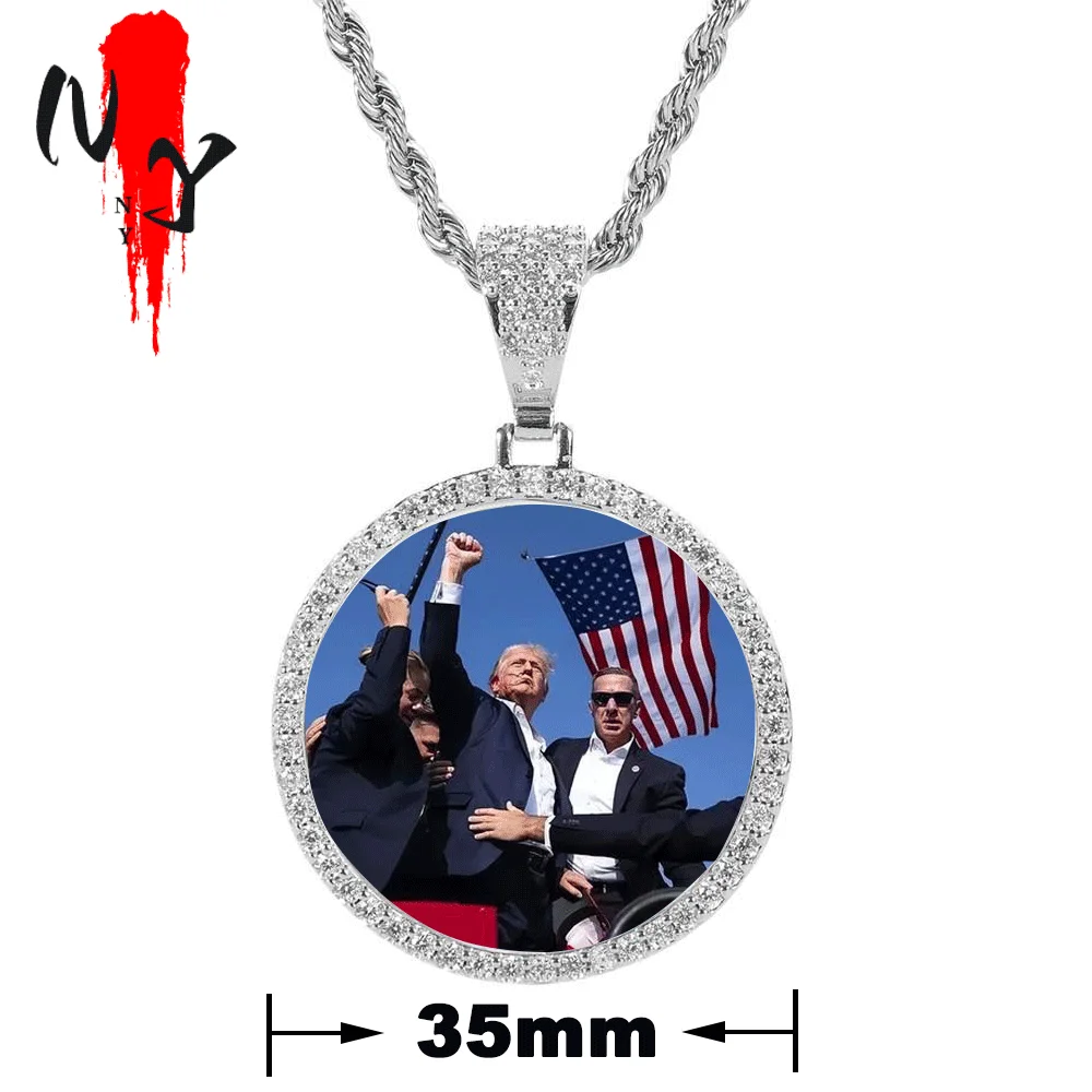 

35mm Dropshipping Custom Made Photo Circle Necklace Hip Hop Round Pendant Iced Out Cubic Zircon Fashion Jewelry Gift for him/her