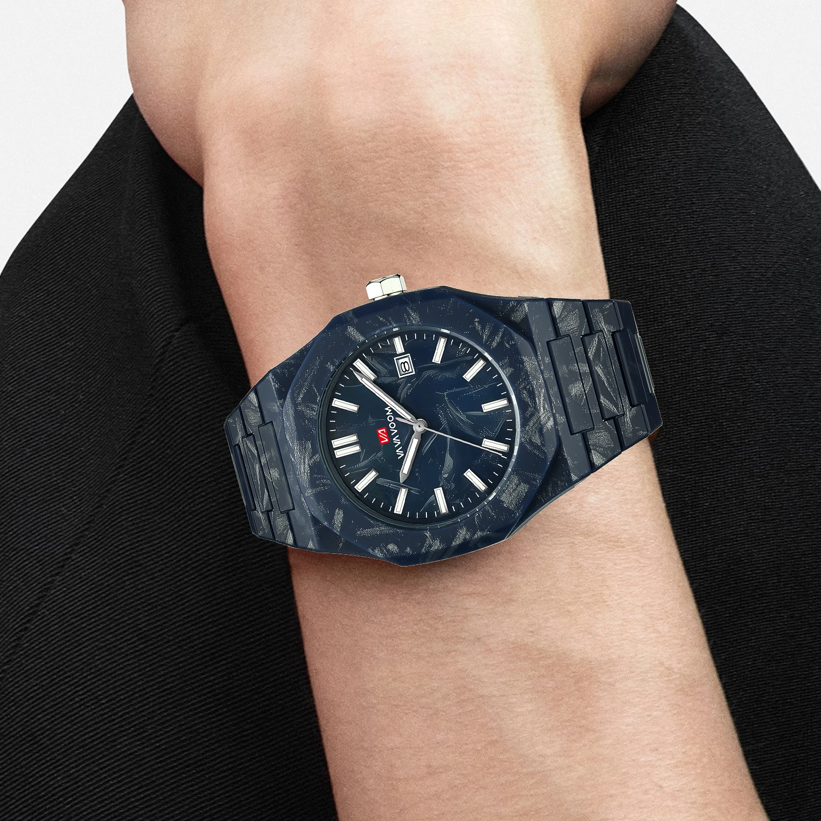 VA VA VOOM ساعات رجالية حركة كوارتز 40 مللي متر نمط الأعمال الرخام الأسود ساعة التقويم 3Bar مقاوم للماء ساعة رياضية عسكرية الرجال