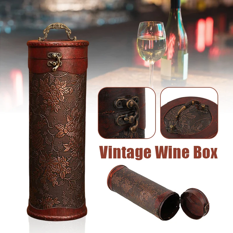 

Medieval Vintage Cylinder Wine Bottle Wooden Box Case Carrying Rack Storage Single Red Wine Festival Decor Packaging Gift Box