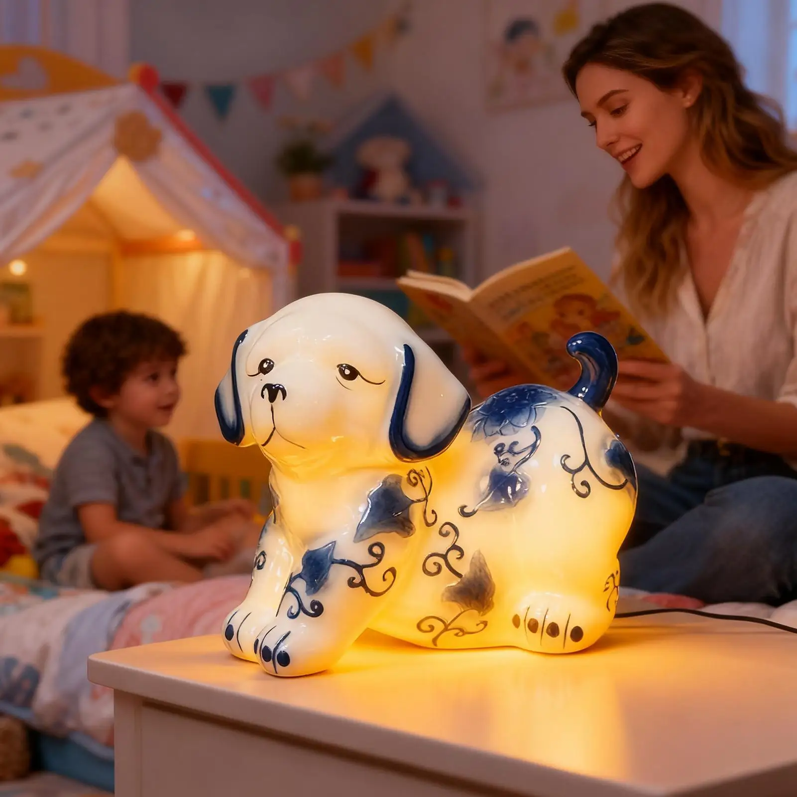 

Лампа для собак, светодиодная, сине-белая, из смолы, освещение для спальни, щенков, световые фигурки для спальни, гостиной, прикроватные тумбочки, общежития, офиса, прихожей