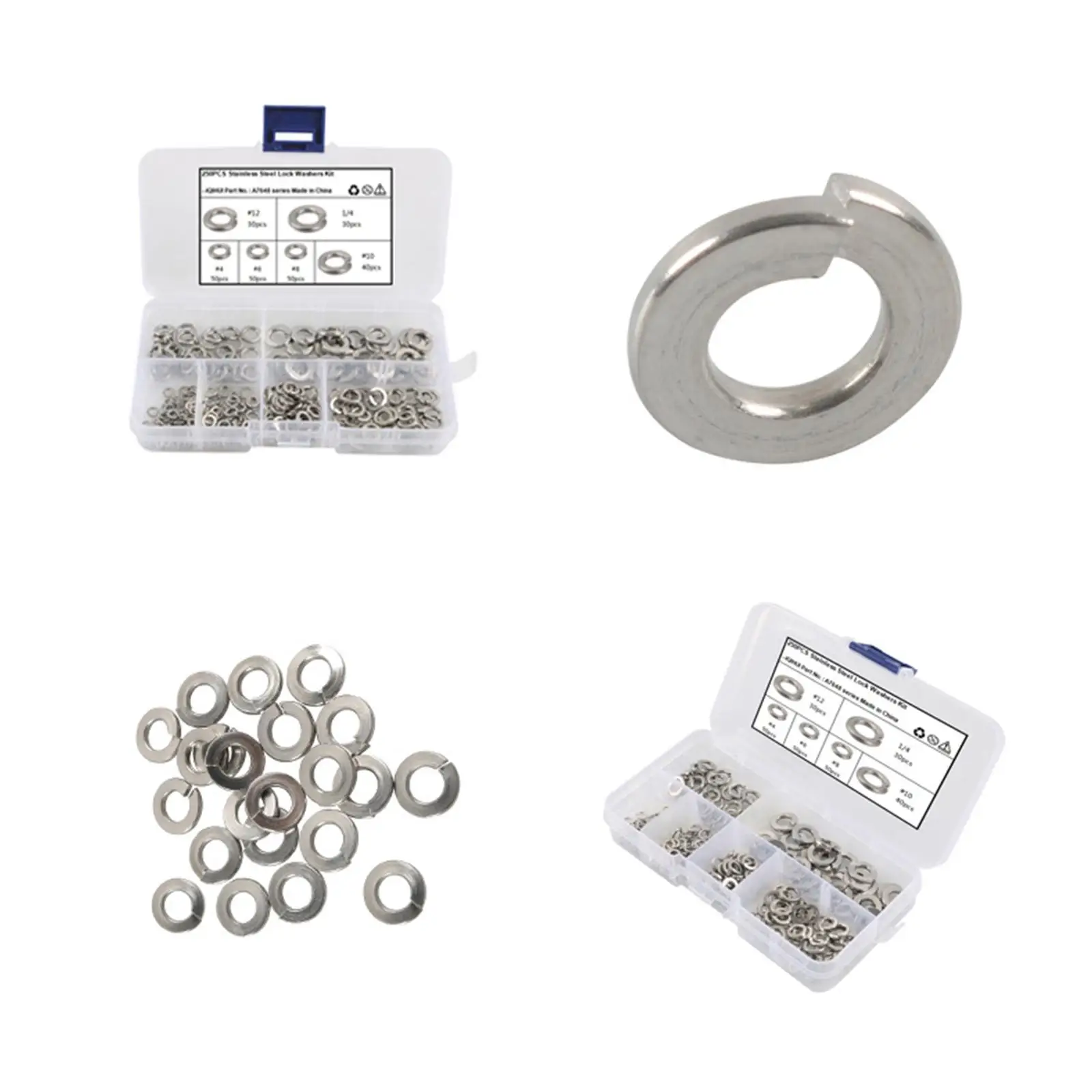 250pcs Spring Washer Assortment 304 Stainless Steel Split Lock Washers with Transparent Box for Electronics DIY Projects