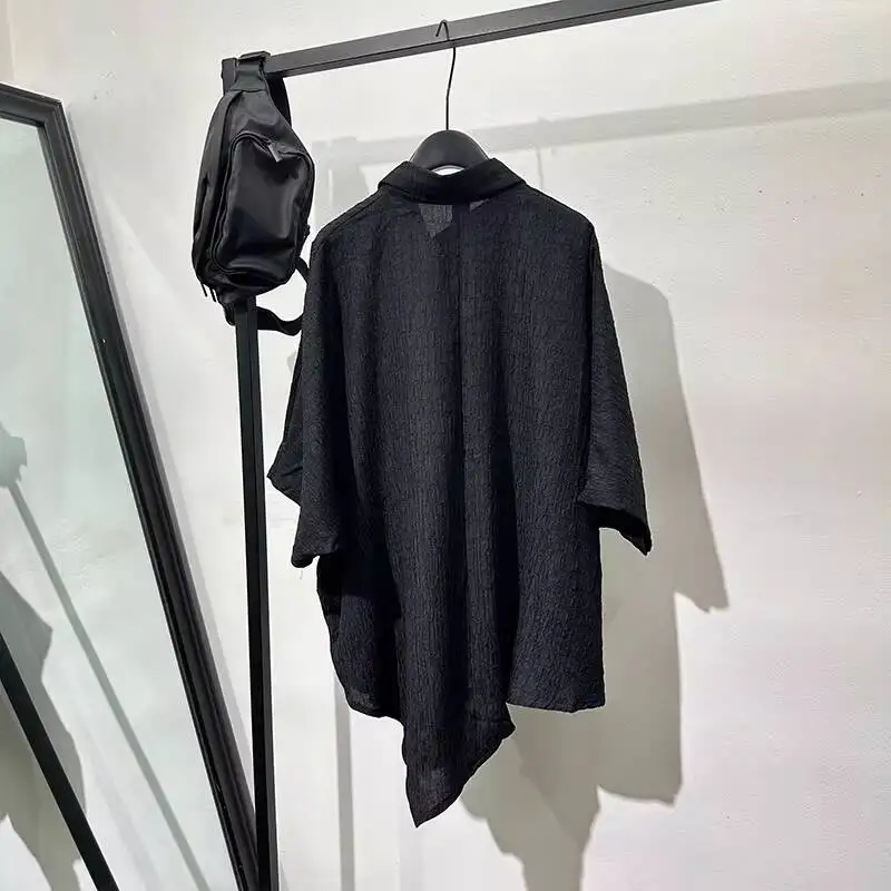 WVGA Men Summer New Design Fashionable Irregular Pleated Trendy Shirt Niche Chic Casual Dark Style Batwing Sleeve Top Ins W21803