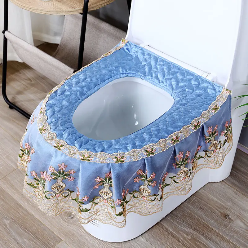 Lace Embroidery Toilet Seat Cushion Floral Household Bathroom Zipper Removable Closestool Mat Waterproof Anti-bacterial Covers