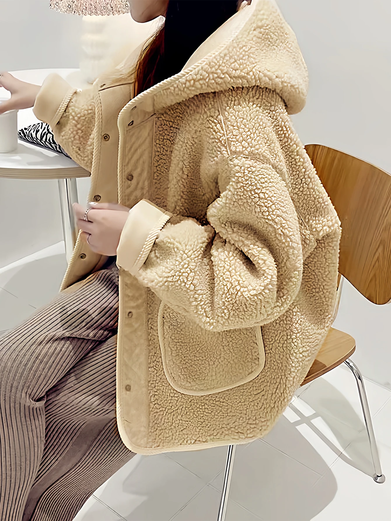 معطف نسائي بقلنسوة من صوف الضأن الصناعي على الطراز الكوري للتخسيس وفضفاض مناسب للخريف والشتاء بأزرار علوية متطابقة تمامًا