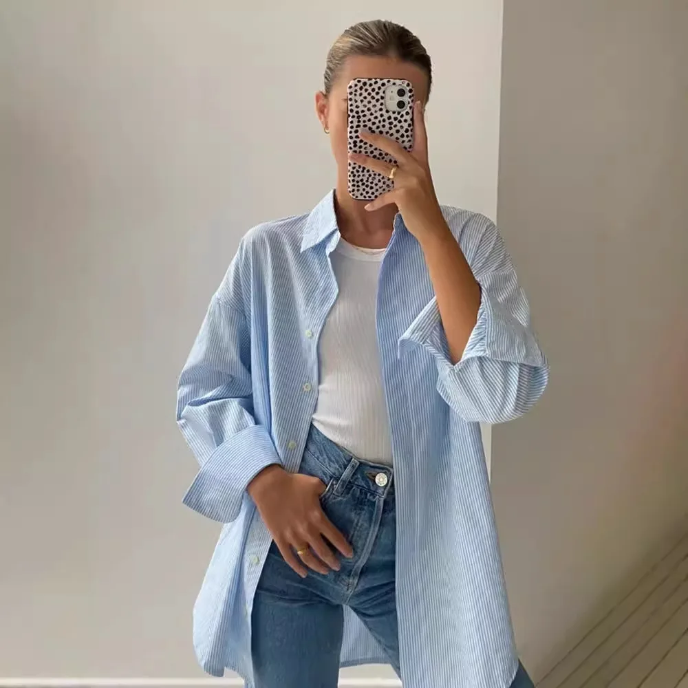 

Vintage Striped Oversize Shirt Women Autumn Casual Long Sleeve Loose Shirt Top Femme Sweet Women Loose Single Breasted Blouses