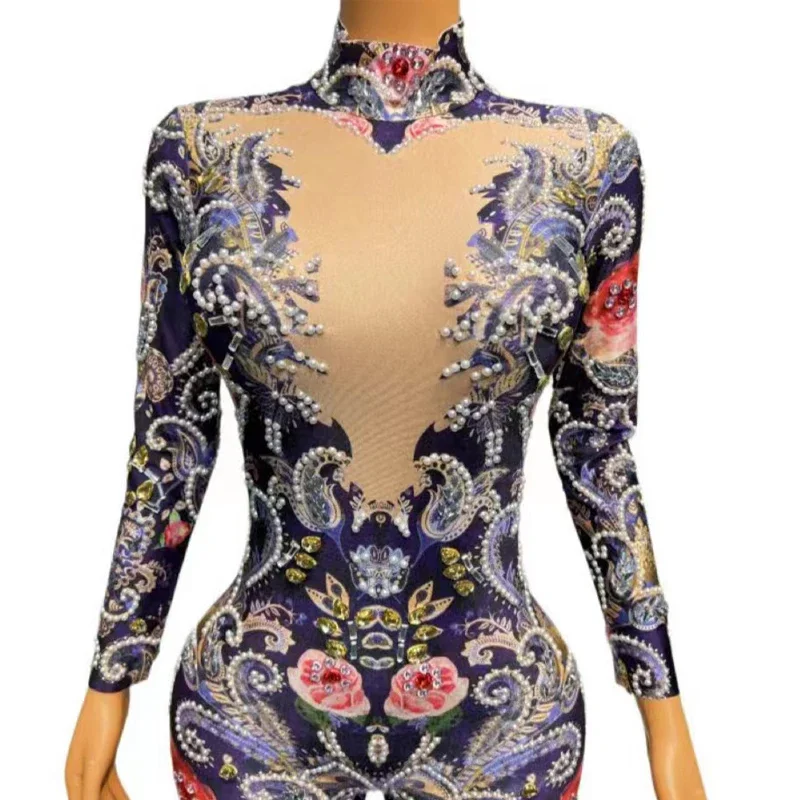 Sparkly 3D Rose Print Full Diamond One Piece Jumpsuit Nightclub Dj Party Pole Dance Outfit Women Stage Daner Costume XS6082