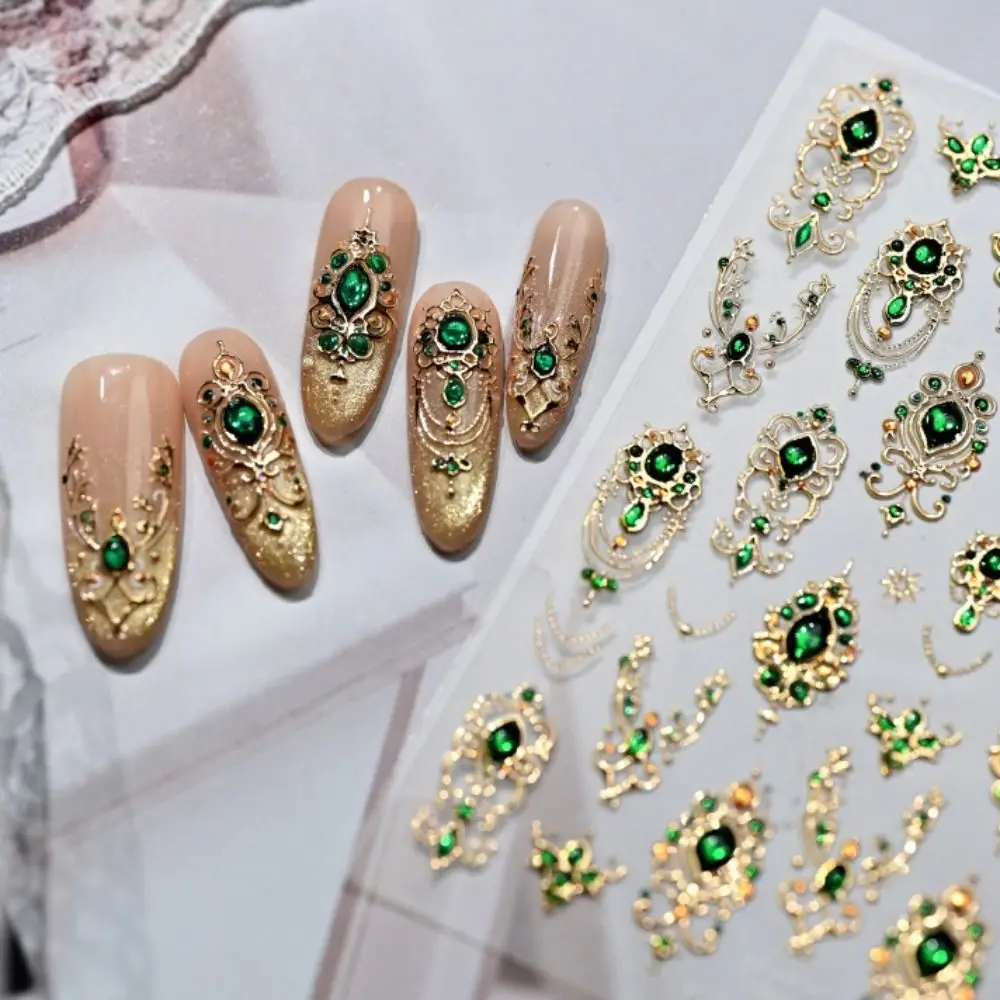 Luxurious Design 5D Nail Stickers Emerald Ruby Color Gold Scepter Imitation Gemstone Nail Shiny Finish Red Green Gemstone