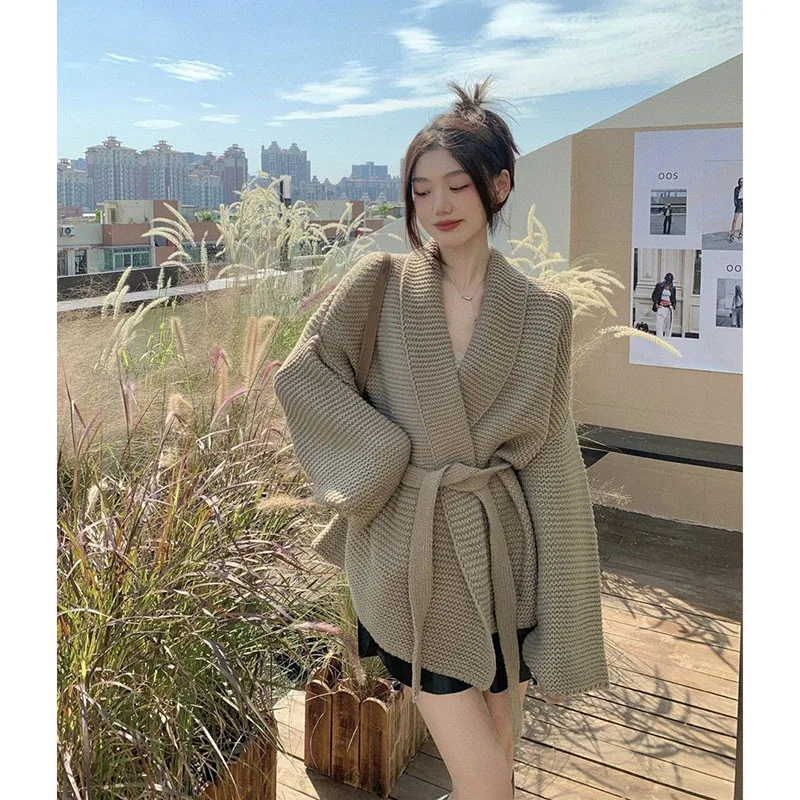 High-End Design Sweater Coat Ladies Autumn And Winter Soft Waxy Sweater Casual Tie Waist Cardigan Tie Solid Color V-Neck Sweater