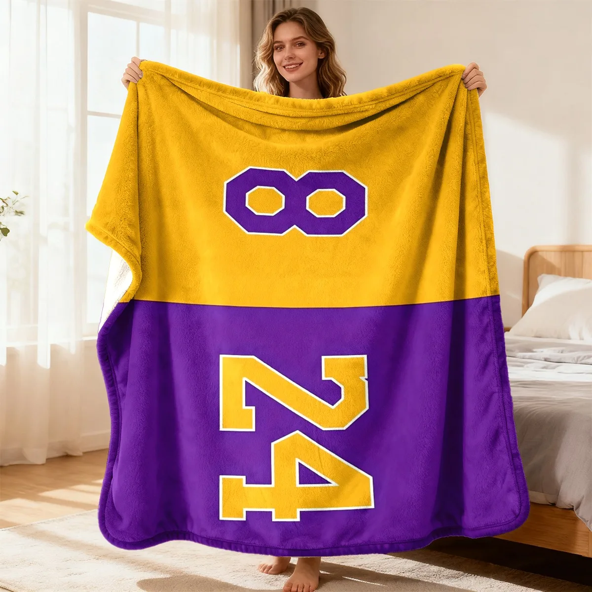 Large Plush Number 8 24 Blanket Throw Cozy Winter Fleece Bed Cover 150x200cm Yellow Purple Sports Decor Gift