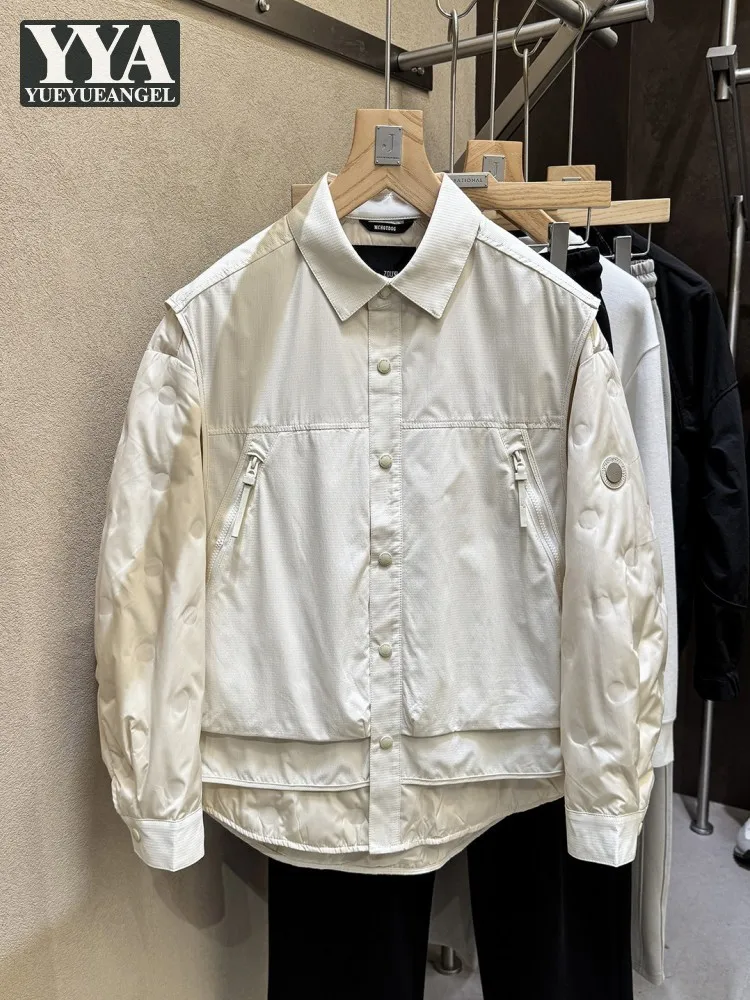 Winter Mens False Two Piece Spliced Warm Down Coat Casual Lapel Collar Covered Button Outerwear Male Loose Fit Streetwear Jacket