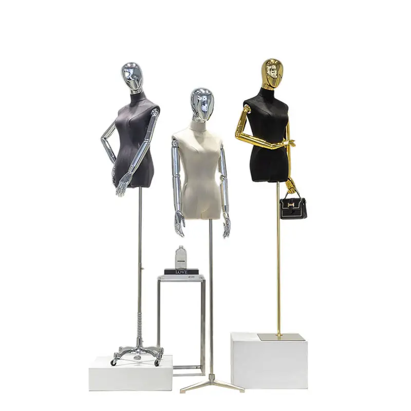 

Modern Fashion Model Boutique Women'S Clothing Store Dedicated Female Mannequin Shiny Gold And Silver Arm Base Stand