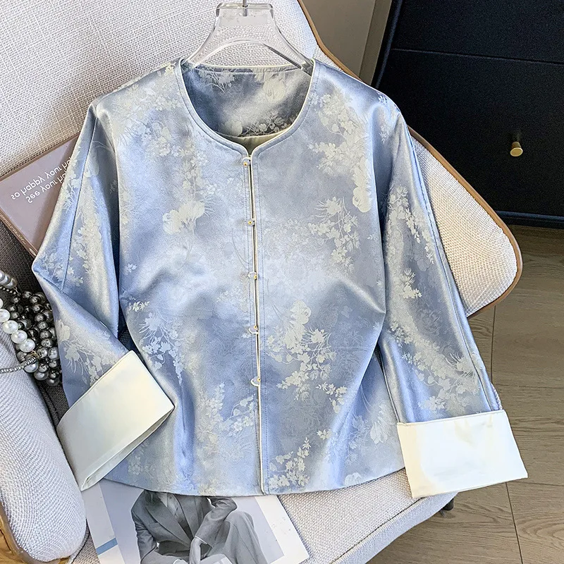 Elegant Women Casual Coat Long Sleeve Patchwork Satin Jacket Jacquard Round Collar Chinese Vlothes Vintage Button Easten Blouse