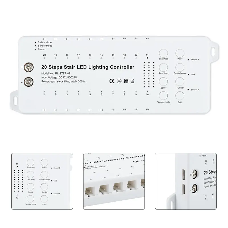 20 Steps Stair Controller 2 PIR Motion Sensor 2 Wireless Panel Switch LED Strip Dimmer Indoor Stairway Light Controller