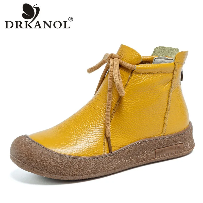 DRKANOL 2026 Women Winter Snow Boots Handmade Retro Back Zipper Genuine Cow Leather Thick Sole Platform Plush Warm Cotton Boots