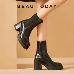 BEAUTODAY High-heeled Black Boots Women Genuine Cow Leather Solid Color Zipper Decoration Ladies Shoes Handmade 03928