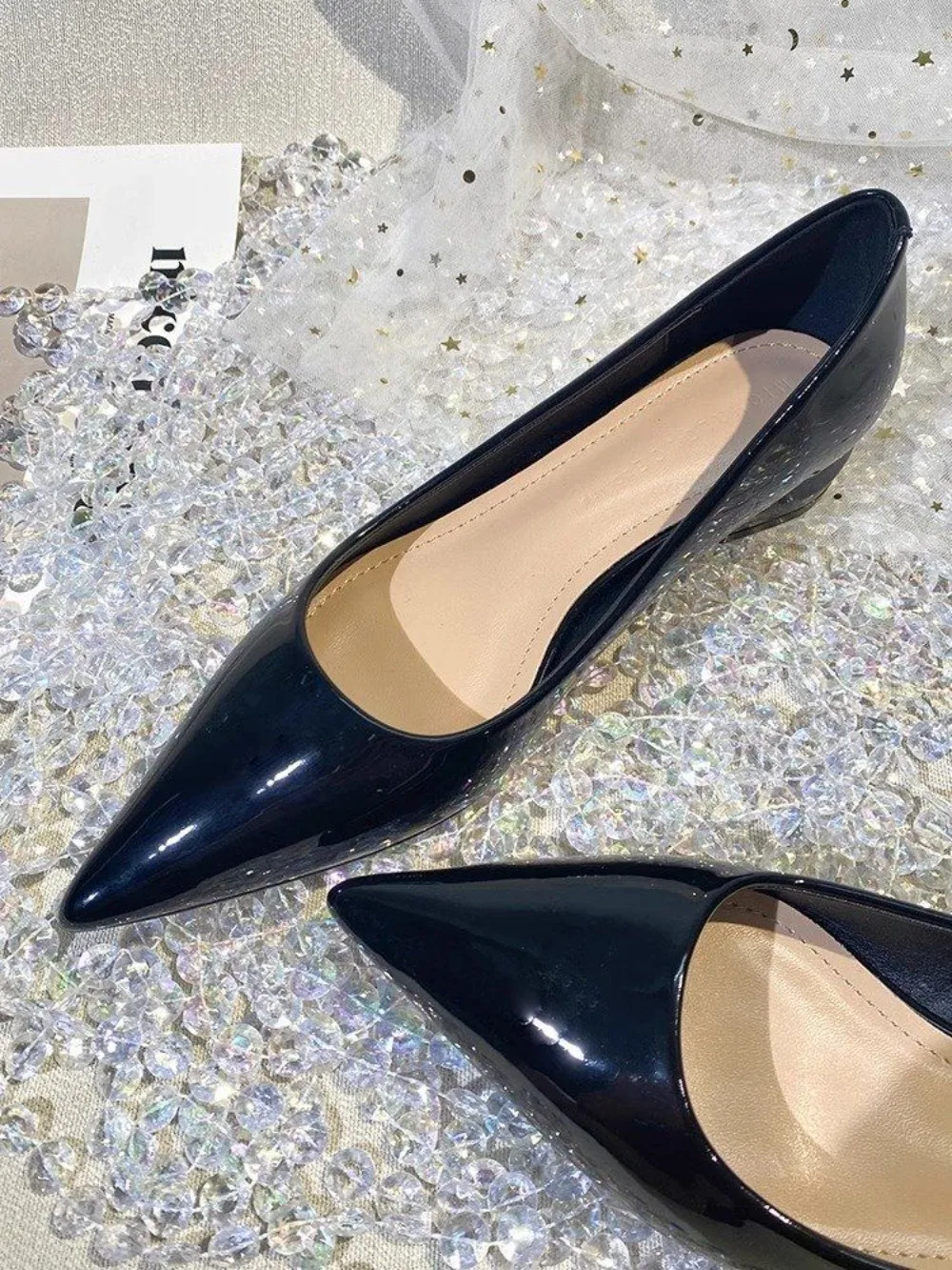 French style patent leather pointed single shoes  Pumps for women with a 3cm low heel new fashionable thick heel flat shoes view 3