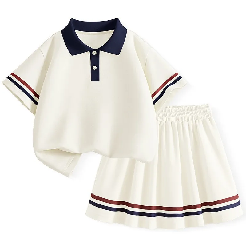 Girls Tennis Striped Summer Tracksuit Cloth Child Set Teens Short T Shirt Tops + Cool Quick Dry Pleated Skirt 4 8 10 Years