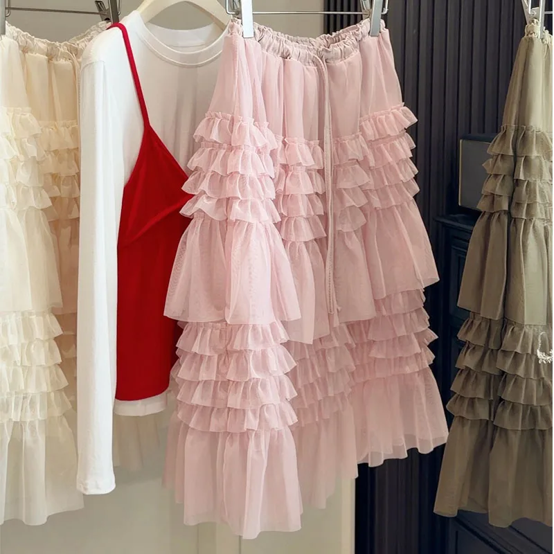 ALPHALMODA 2026, Layered Frilled, Gauze Ruffled, Elastic Waist, Midi Skirt, for Women, Spring New, Korean Style, Fluffy Skirt