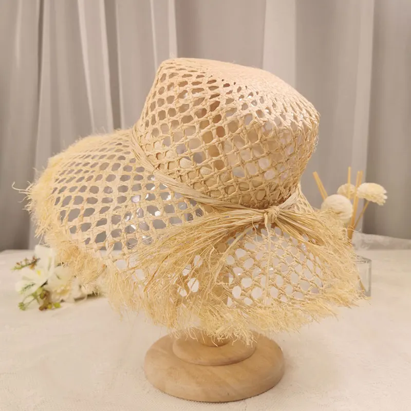 Cutout Straw Hat Hat For Women\'s Sun Hat French Style Large Brim Casual Solid Color Raw Edge Beach Style Raffia Hat 2021 панама