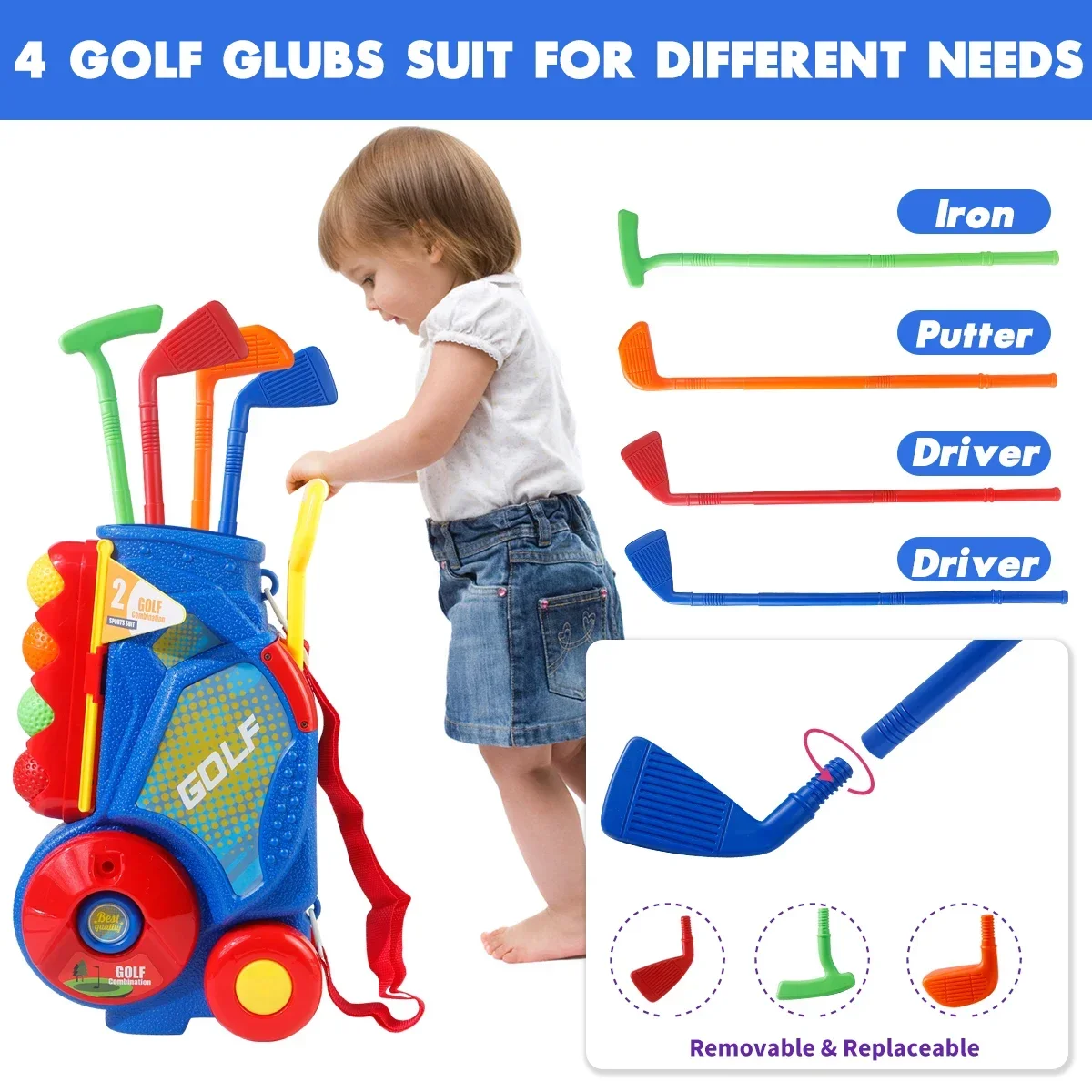 ชุดของเล่นกอล์ฟอัพเกรดพร้อมลูกกอล์ฟ รถกอล์ฟสีน้ําเงินพร้อมสายสะพาย ของเล่นกีฬาในร่ม/กลางแจ้ง คริสต์มาส/วันขอบคุณพระเจ้า